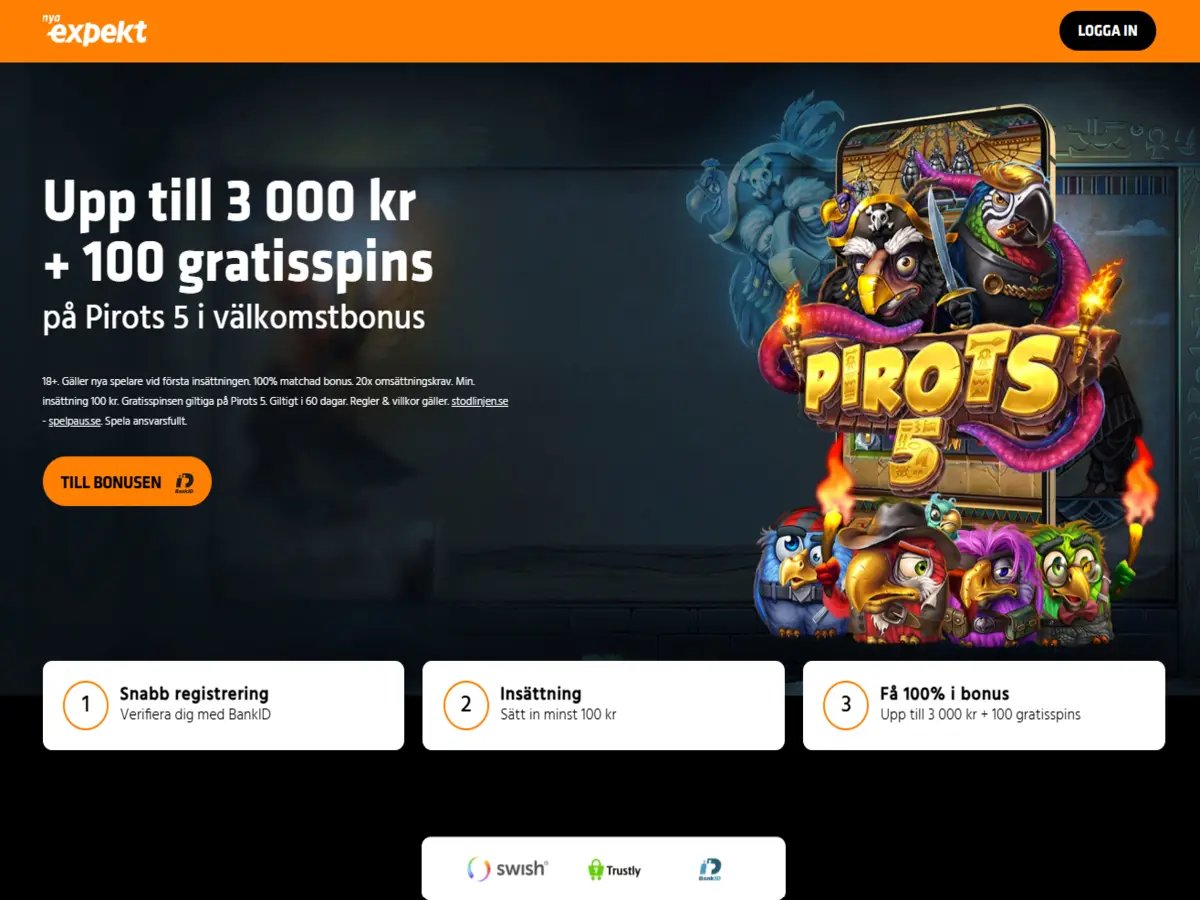 Expekt Casino välkomstbonus med 100% upp till 3 000 kr och 100 gratisspins på Pirots 5