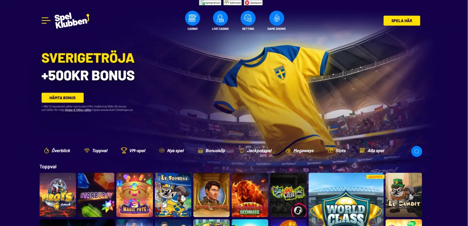 Spelklubben startsida med 4 huvudkategorier Casino, Live Casino, Betting och Game Shows synliga