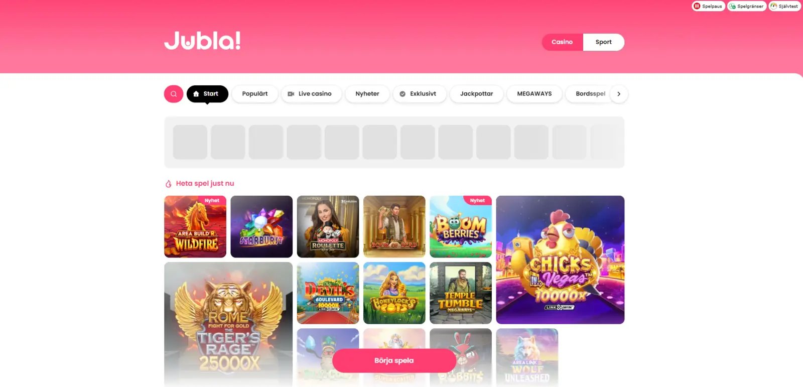 Jubla Casino lobby inloggad med 2 500+ slots och kategorier för Megaways, Jackpottar och Exklusiva spel