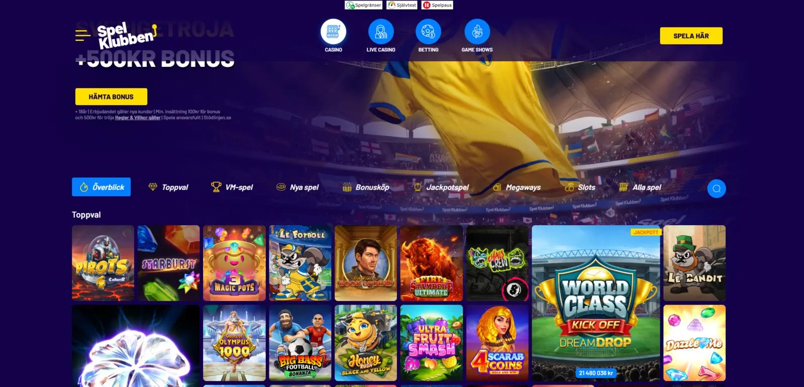 Spelklubben casino lobby inloggad med slot-tiles och Megaways-kategorin synlig
