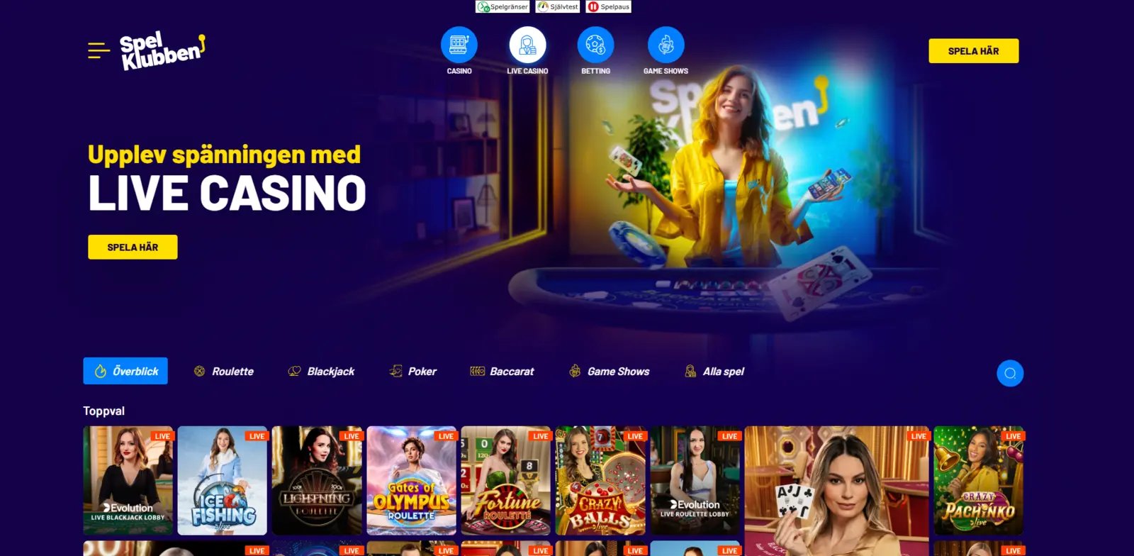 Spelklubben live casino lobby med Evolution Gaming-bord för Roulette, Blackjack och Baccarat