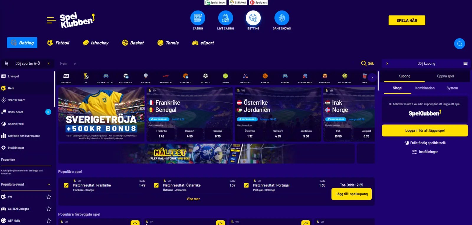Spelklubben sportsbook med live betting-vyn och odds från Betsson på fotboll och ishockey