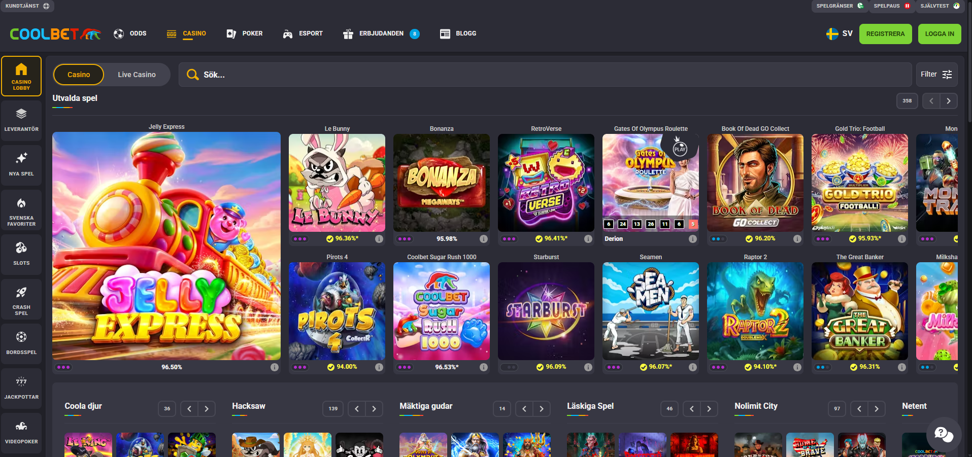Coolbet casinolobby med spelkategorier och RTP synlig direkt på varje spelautomat