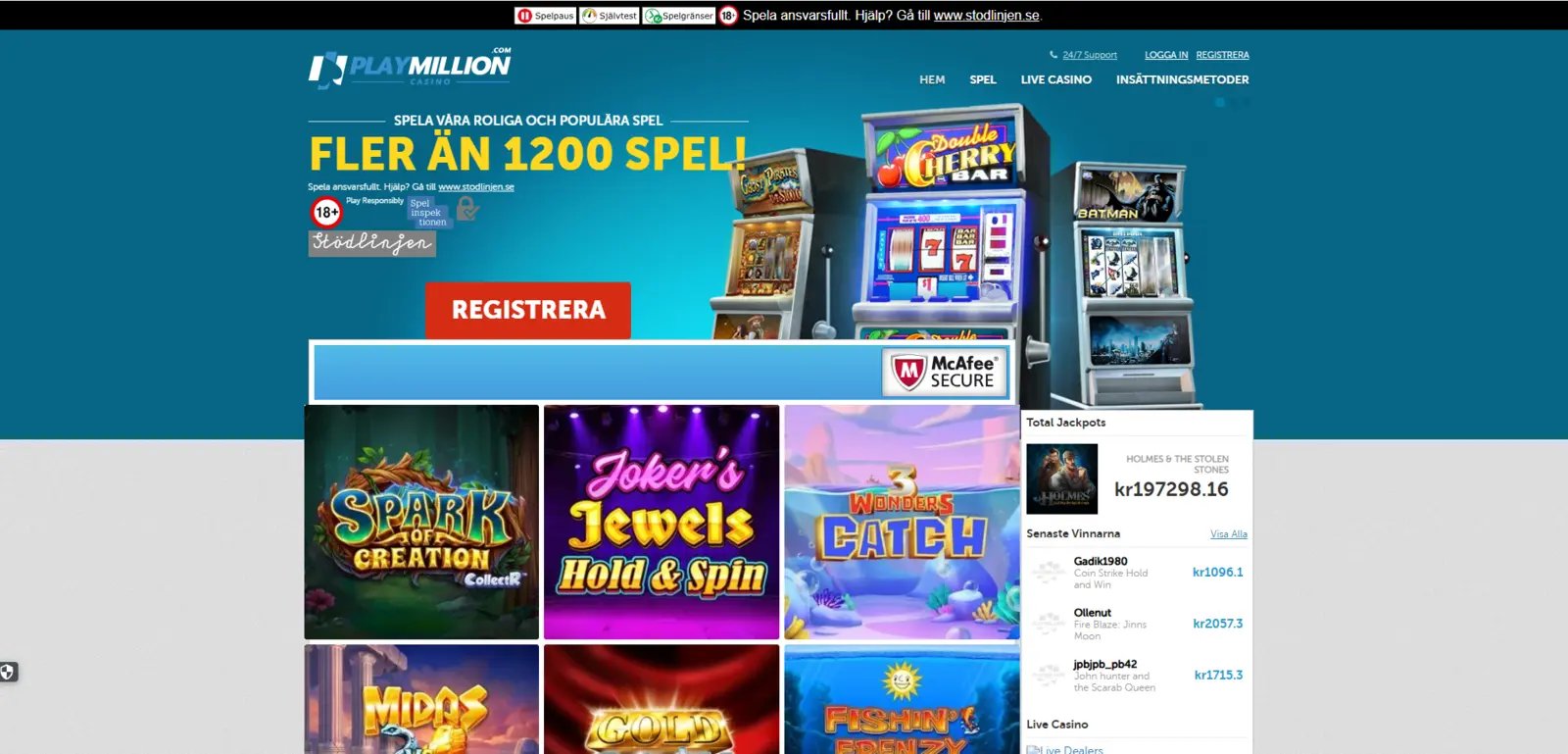 PlayMillion casinolobby inloggad med över 5 200 spel fördelade på slots, jackpotspel och live casino