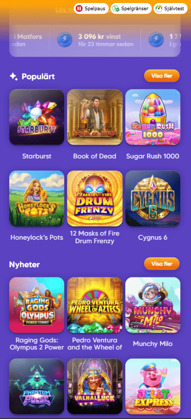 Pop Casino Mobile lobby med orange-lila design och tydliga spelkategorier för slots och live casino