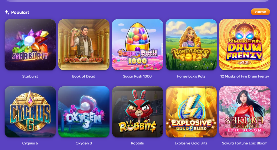 Pop Casino lobby med orange-lila design och tydliga spelkategorier för slots och live casino