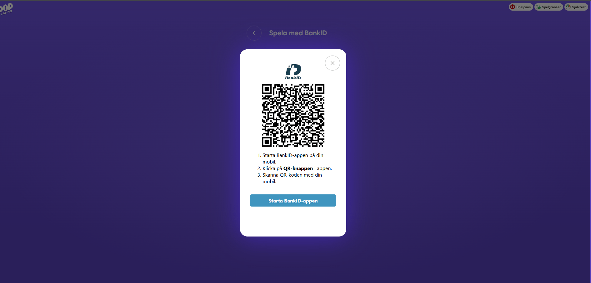 Pop Casino registrering med BankID och QR