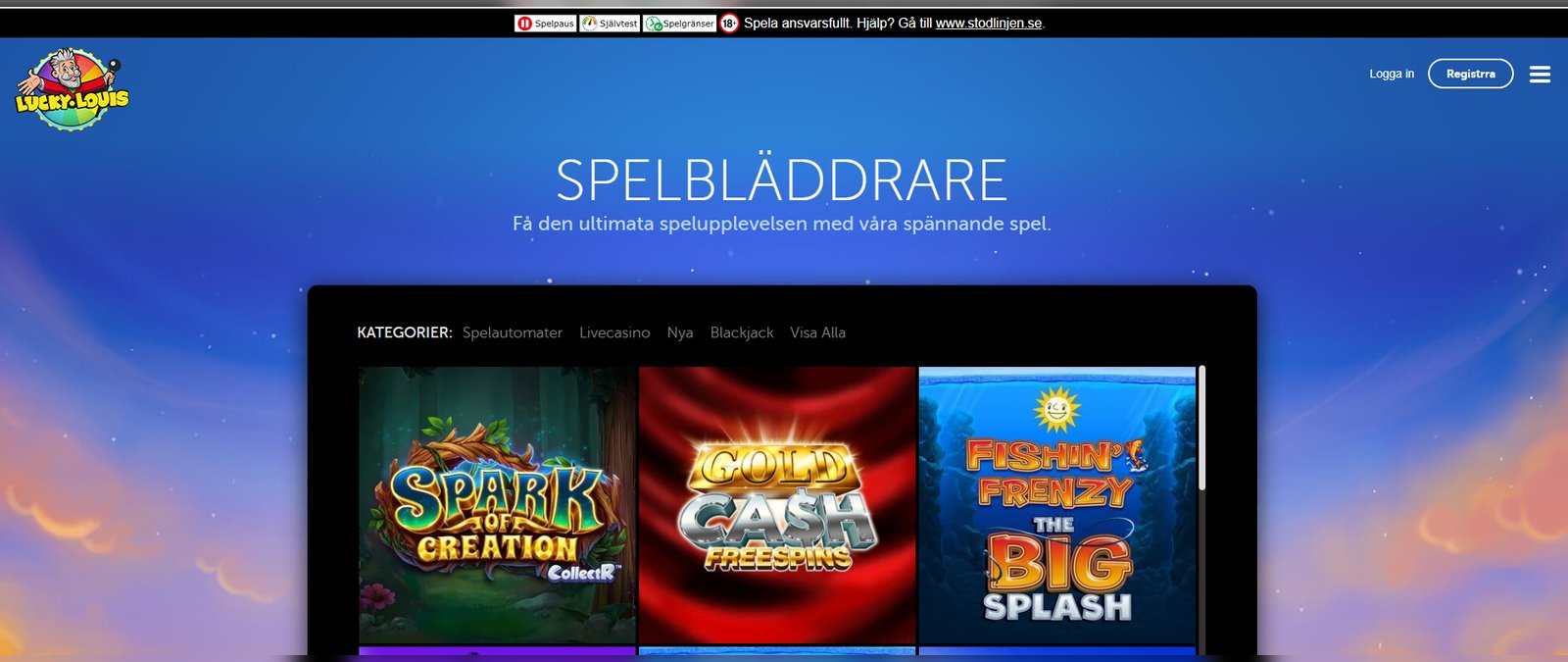 LuckyLouis casinolobby inloggad med cirka 5 000 spel och tabbar för Klassiska Slots, Jackpot och Megaways