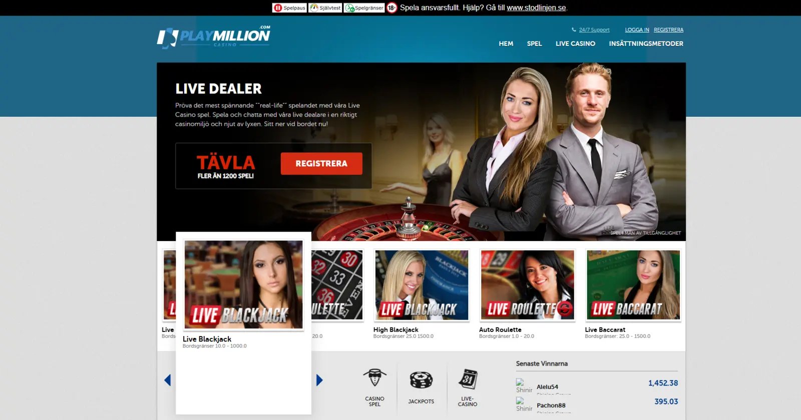 PlayMillion live casino med 300+ bord från Evolution, Pragmatic Play och Playtech