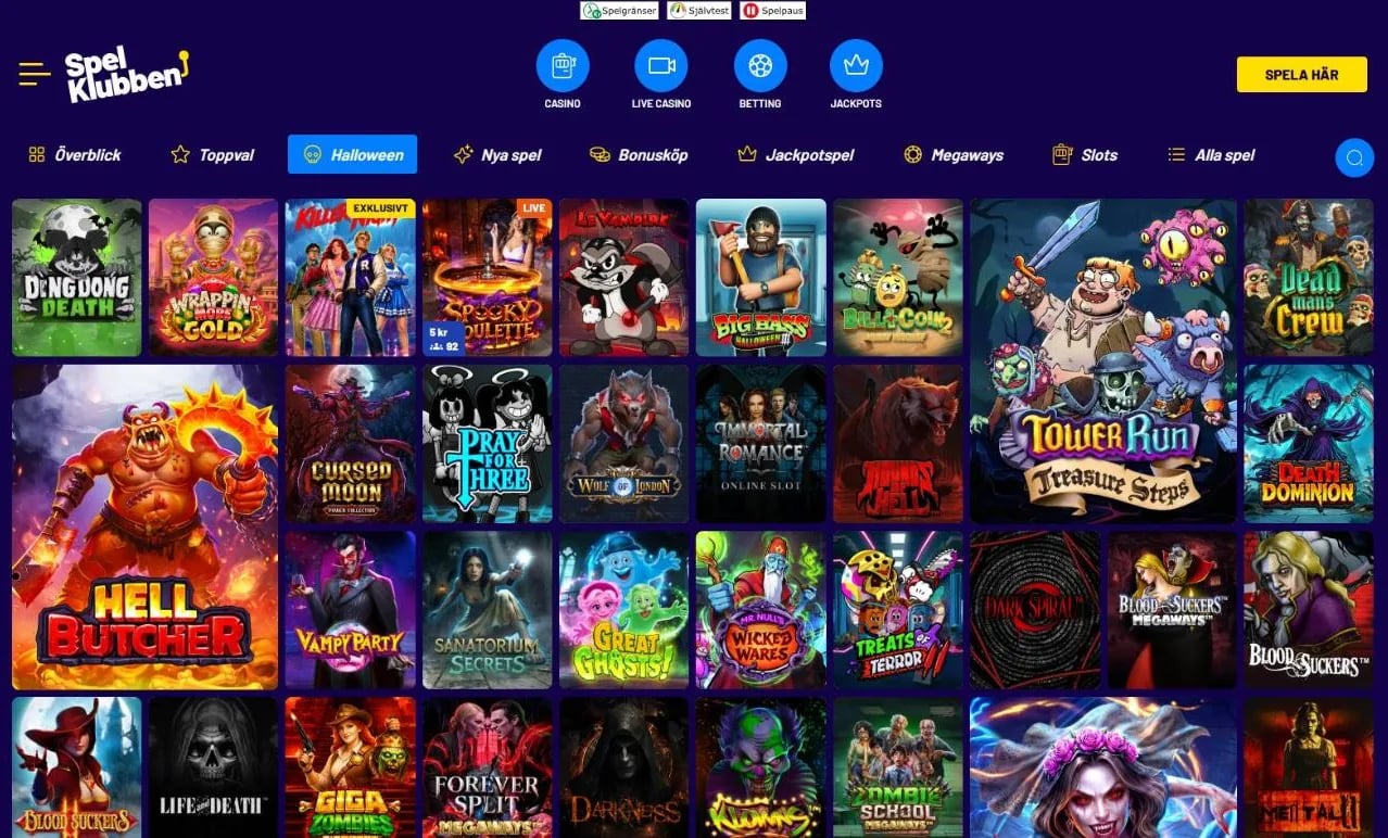 Halloween-kategorin hos Spelklubben med skräckslots som Blood Suckers, Immortal Romance och Big Bass Halloween 3