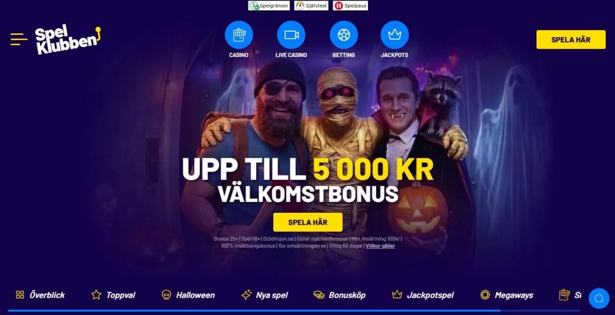 Spelklubbens startsida i Halloween-tema med välkomstbonus upp till 5 000 kr