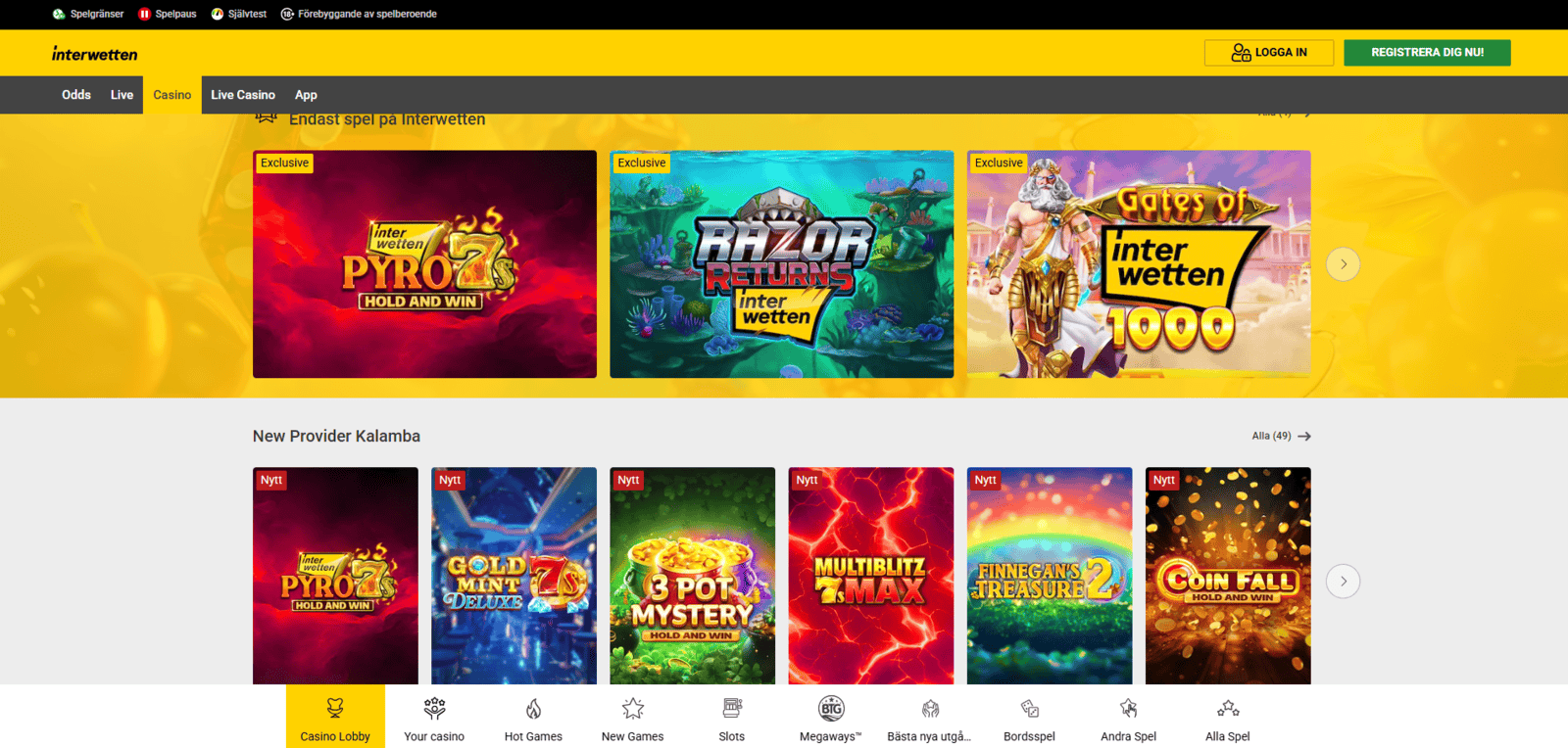 Interwettens spellobby är enkel att filtrera efter kategori, leverantör och funktion.