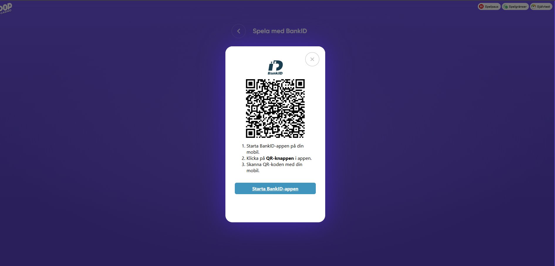 Pop Casino registrering med BankID och QR