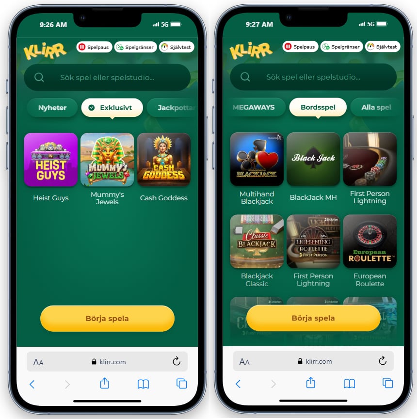 Klirr Casino har ett bra utvalg av bordsspel, men saknar exklusiva spel