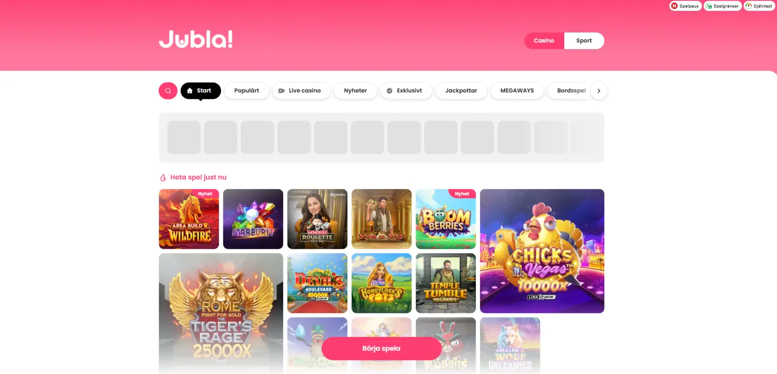 Jubla Casino lobby inloggad med 2 500+ slots och kategorier för Megaways, Jackpottar och Exklusiva spel