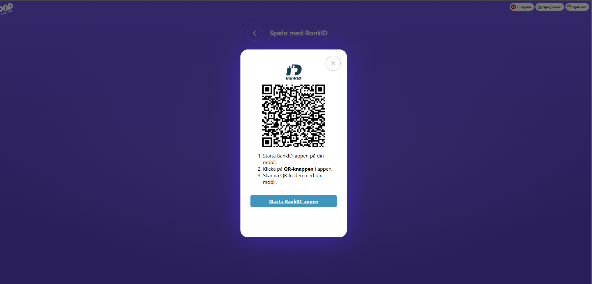 Pop Casino registrering med BankID och QR