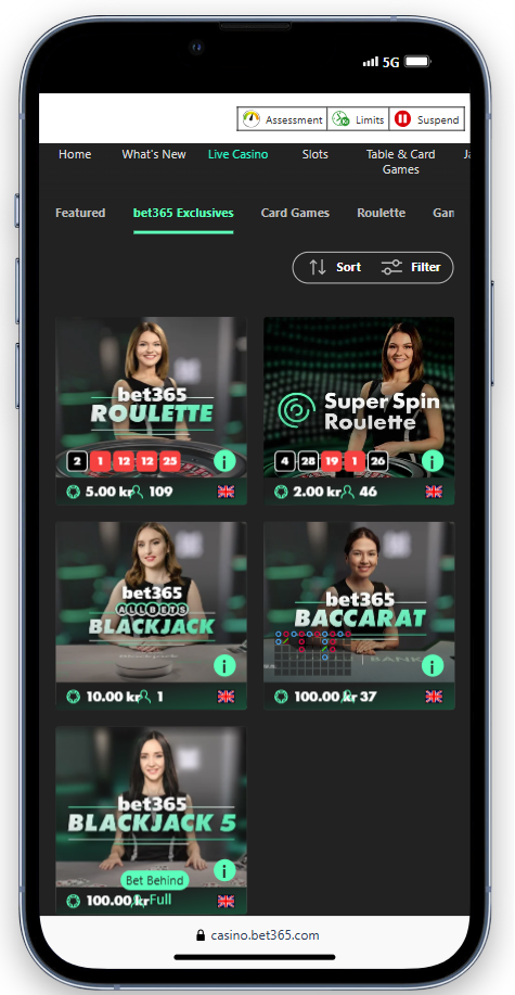 På bet365 casino hittar du exklusiva spel med live dealer.